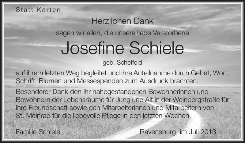  Traueranzeige für Josefine Schiele vom 27.07.2013 aus Schwäbische Zeitung