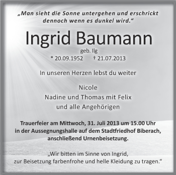Anzeige von Ingrid Baumann von Schwäbische Zeitung