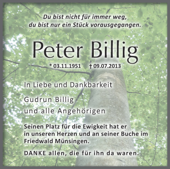 Anzeige von Peter Billig von Schwäbische Zeitung