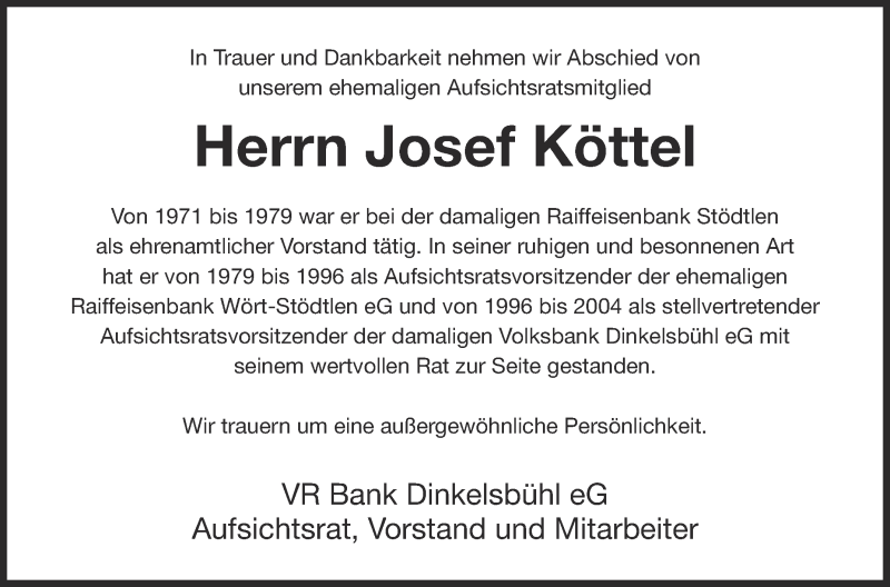  Traueranzeige für Josef Köttel vom 27.07.2013 aus Schwäbische Zeitung