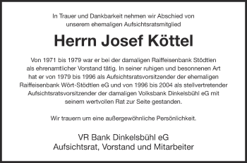 Anzeige von Josef Köttel von Schwäbische Zeitung