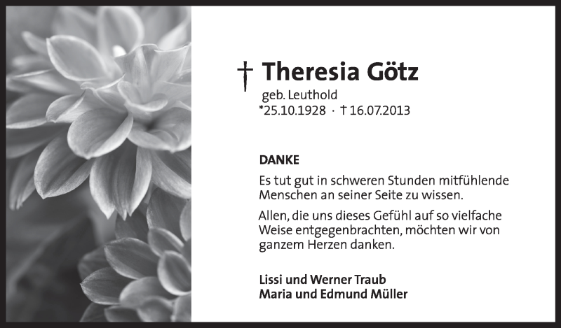  Traueranzeige für Theresia Götz vom 27.07.2013 aus Schwäbische Zeitung