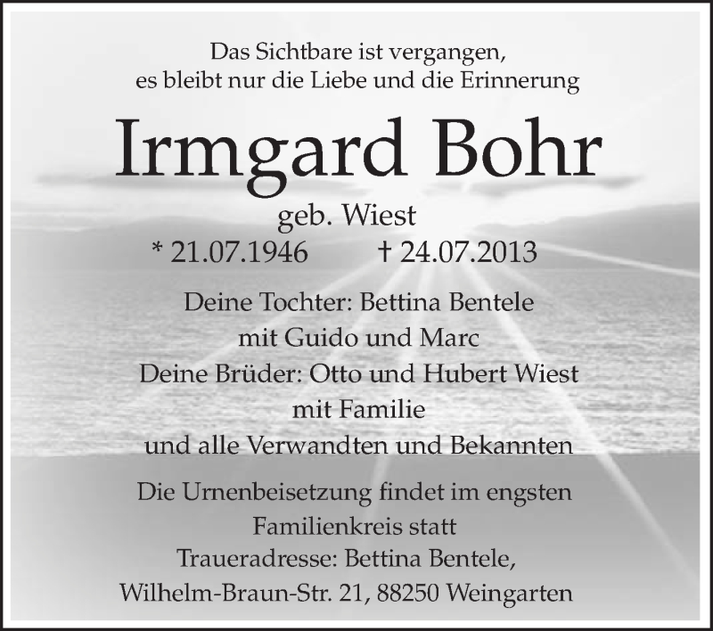 Traueranzeige für Irmgard Bohr vom 29.07.2013 aus Schwäbische Zeitung