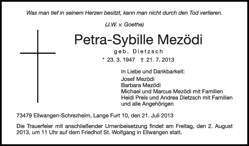  Traueranzeige für Petra-Sybille Mezödi vom 29.07.2013 aus Schwäbische Zeitung
