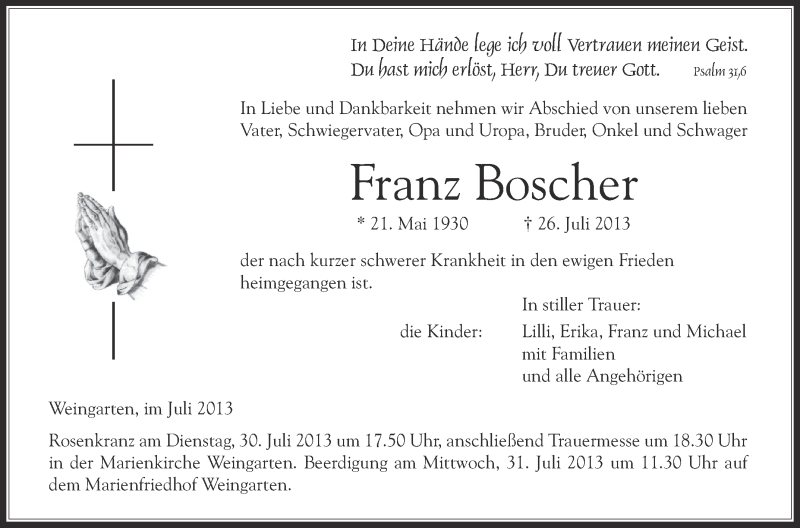  Traueranzeige für Franz Boscher vom 29.07.2013 aus Schwäbische Zeitung