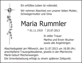 Anzeige von Maria Rummler von Schwäbische Zeitung