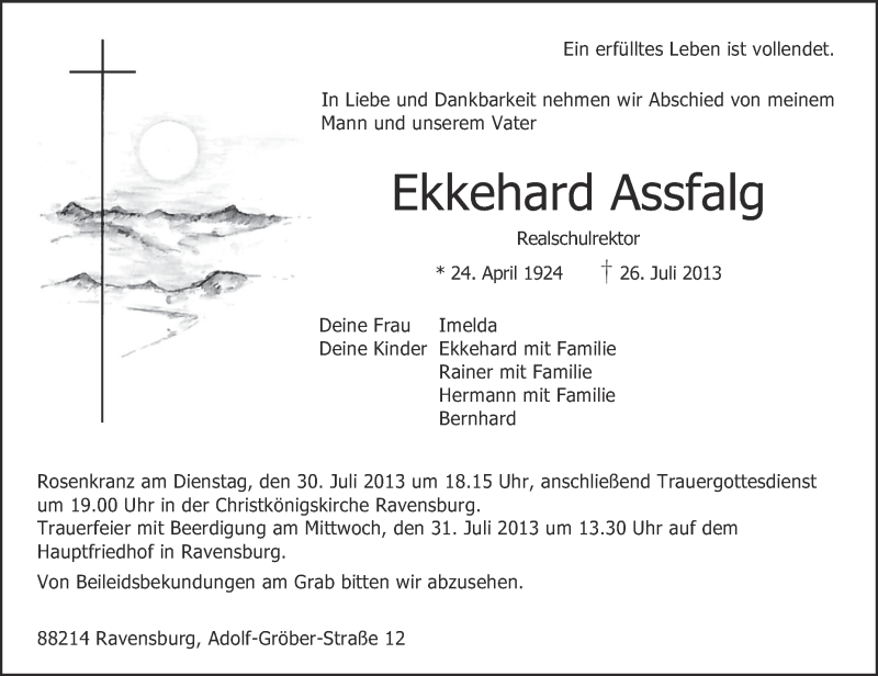  Traueranzeige für Ekkehard Assfalg vom 29.07.2013 aus Schwäbische Zeitung