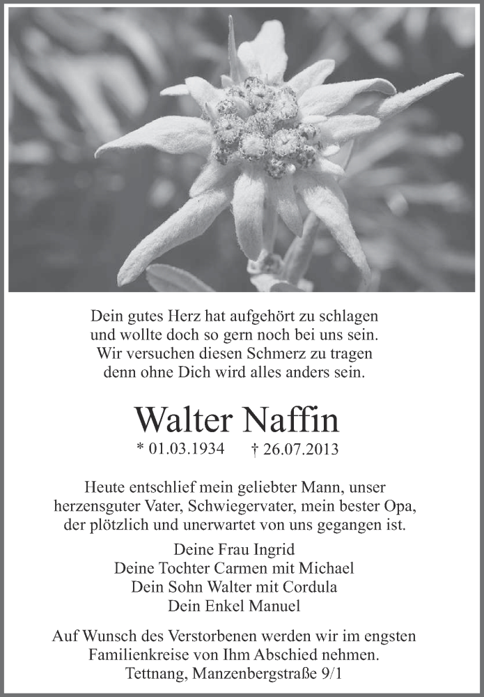  Traueranzeige für Walter Naffin vom 29.07.2013 aus Schwäbische Zeitung