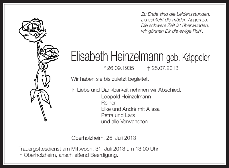  Traueranzeige für Elisabeth Heinzelmann vom 29.07.2013 aus Schwäbische Zeitung