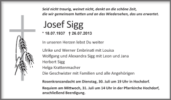 Anzeige von Josef Sigg von Schwäbische Zeitung