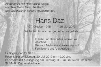 Anzeige von Hans Daz von Schwäbische Zeitung