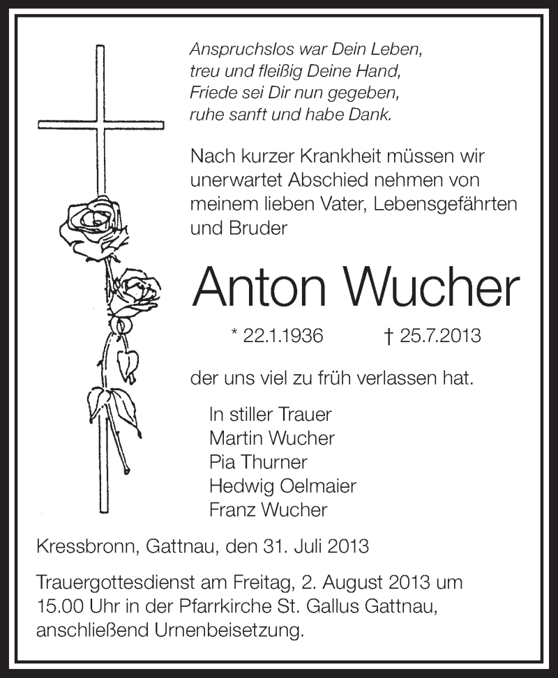  Traueranzeige für Anton Wucher vom 31.07.2013 aus Schwäbische Zeitung