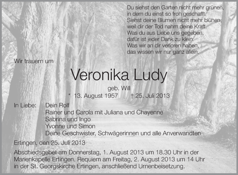  Traueranzeige für Veronika Ludy vom 31.07.2013 aus Schwäbische Zeitung