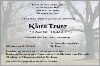 Anzeige von Klara Trunz von Schwäbische Zeitung