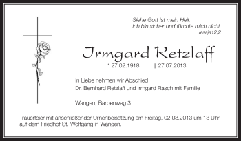 Anzeige von Irmgard Retzlaff von Schwäbische Zeitung