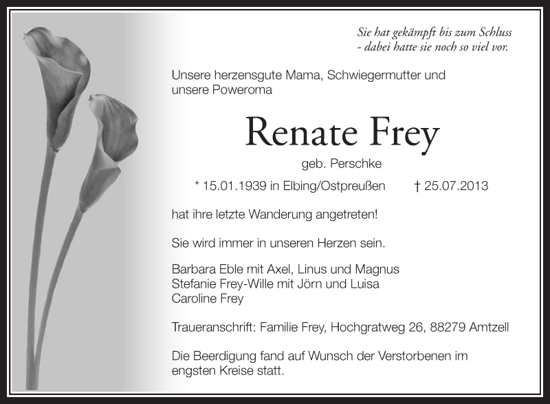  Traueranzeige für Renate Frey vom 31.07.2013 aus Schwäbische Zeitung