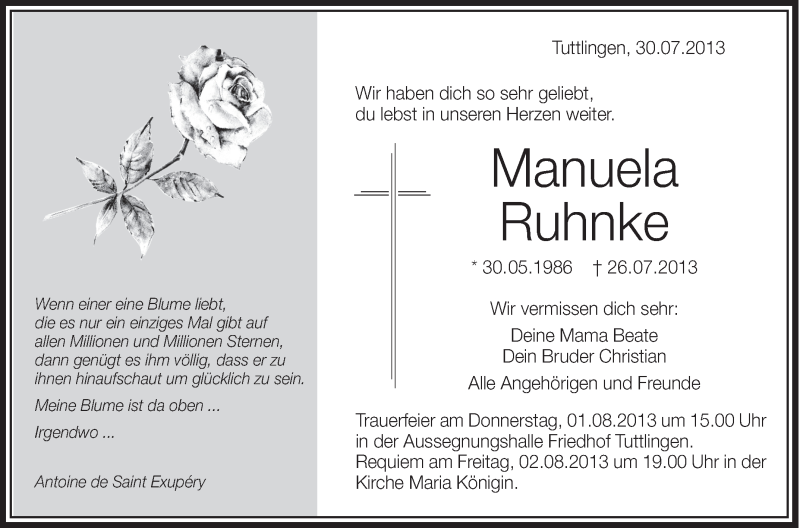  Traueranzeige für Manuela Ruhnke vom 30.07.2013 aus Schwäbische Zeitung