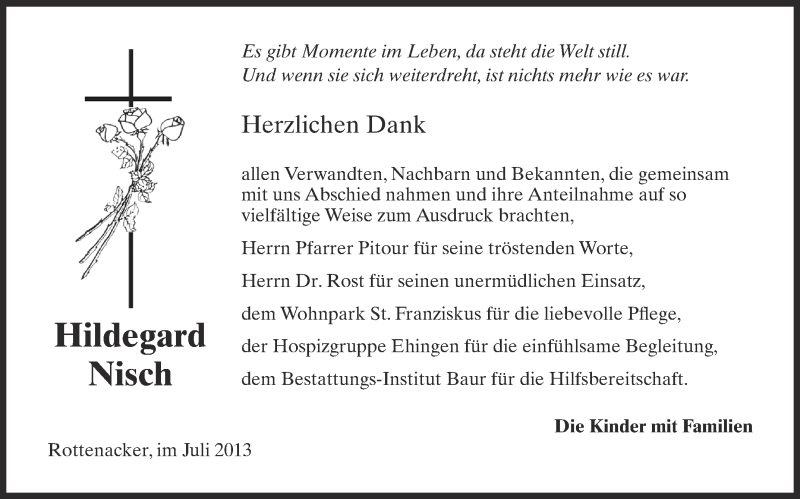  Traueranzeige für Hildegard Nisch vom 30.07.2013 aus Schwäbische Zeitung