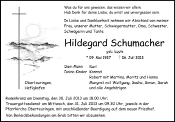 Anzeige von Hildegard Schumacher von Schwäbische Zeitung