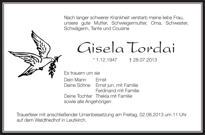  Traueranzeige für Gisela Tordai vom 31.07.2013 aus Schwäbische Zeitung