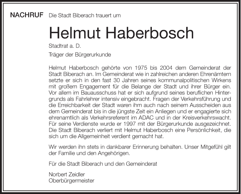  Traueranzeige für Helmut Haberbosch vom 30.07.2013 aus Schwäbische Zeitung