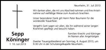 Anzeige von Sepp Köninger von Schwäbische Zeitung