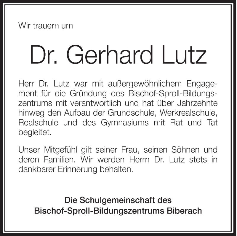  Traueranzeige für Gerhard Lutz vom 31.07.2013 aus Schwäbische Zeitung