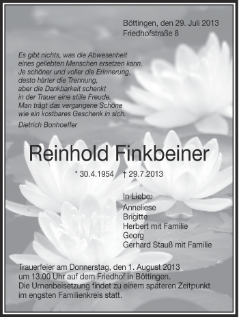 Anzeige von Reinhold Finkbeiner von Schwäbische Zeitung