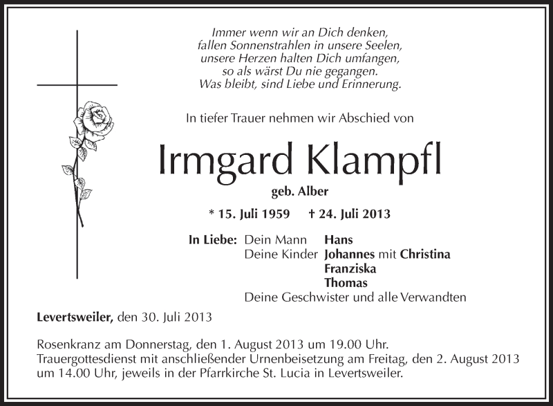  Traueranzeige für Irmgard Klampfl vom 30.07.2013 aus Schwäbische Zeitung