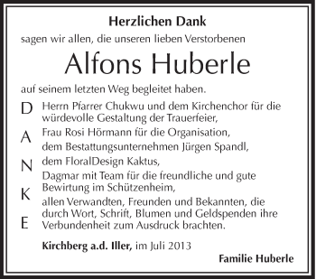 Anzeige von Alfons Huberle von Schwäbische Zeitung