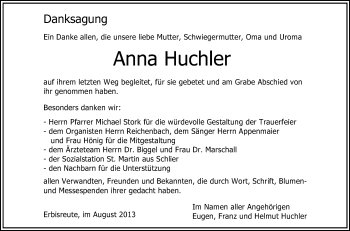 Anzeige von Anna Huchler von Schwäbische Zeitung
