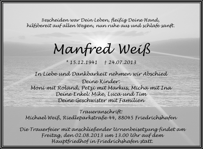  Traueranzeige für Manfred Weiß vom 30.07.2013 aus Schwäbische Zeitung