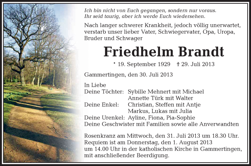  Traueranzeige für Friedhelm Brandt vom 30.07.2013 aus Schwäbische Zeitung
