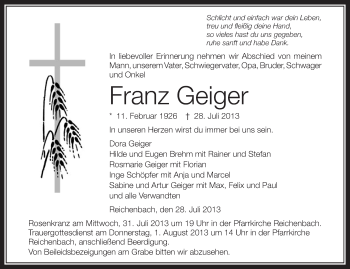 Anzeige von Franz Geiger von Schwäbische Zeitung