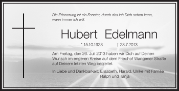Anzeige von Hubert Edelmann von Schwäbische Zeitung