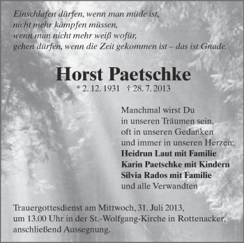 Anzeige von Horst Paetschke von Schwäbische Zeitung
