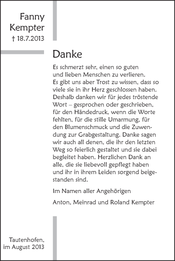 Anzeige von Fanny Kempter von Schwäbische Zeitung