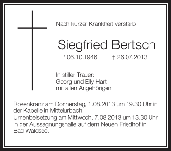Anzeige von Siegfried Bertsch von Schwäbische Zeitung
