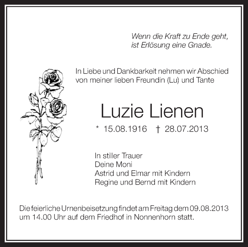  Traueranzeige für Luzie Lienen vom 03.08.2013 aus Schwäbische Zeitung