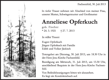 Anzeige von Anneliese Opferkuch von Schwäbische Zeitung