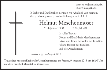 Anzeige von Helmut Meschenmoser von Schwäbische Zeitung