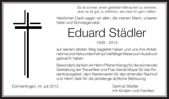Anzeige von Eduard Städler von Schwäbische Zeitung