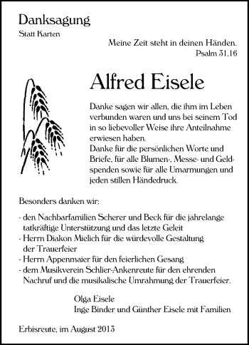 Anzeige von Alfred Eisele von Schwäbische Zeitung