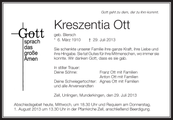 Anzeige von Kreszentia Ott von Schwäbische Zeitung