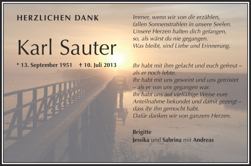  Traueranzeige für Karl Sauter vom 31.07.2013 aus Schwäbische Zeitung