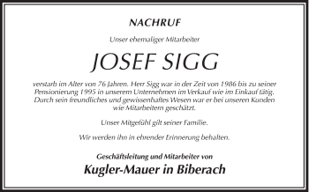 Anzeige von Josef Sigg von Schwäbische Zeitung