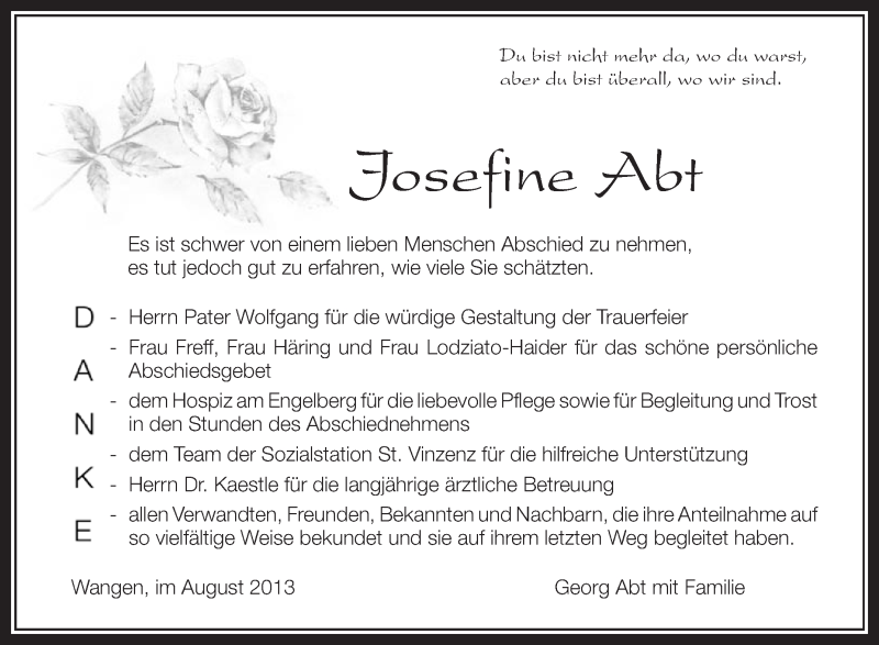  Traueranzeige für Josefine Abt vom 03.08.2013 aus Schwäbische Zeitung