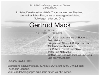 Anzeige von Gertrud Mack von Schwäbische Zeitung