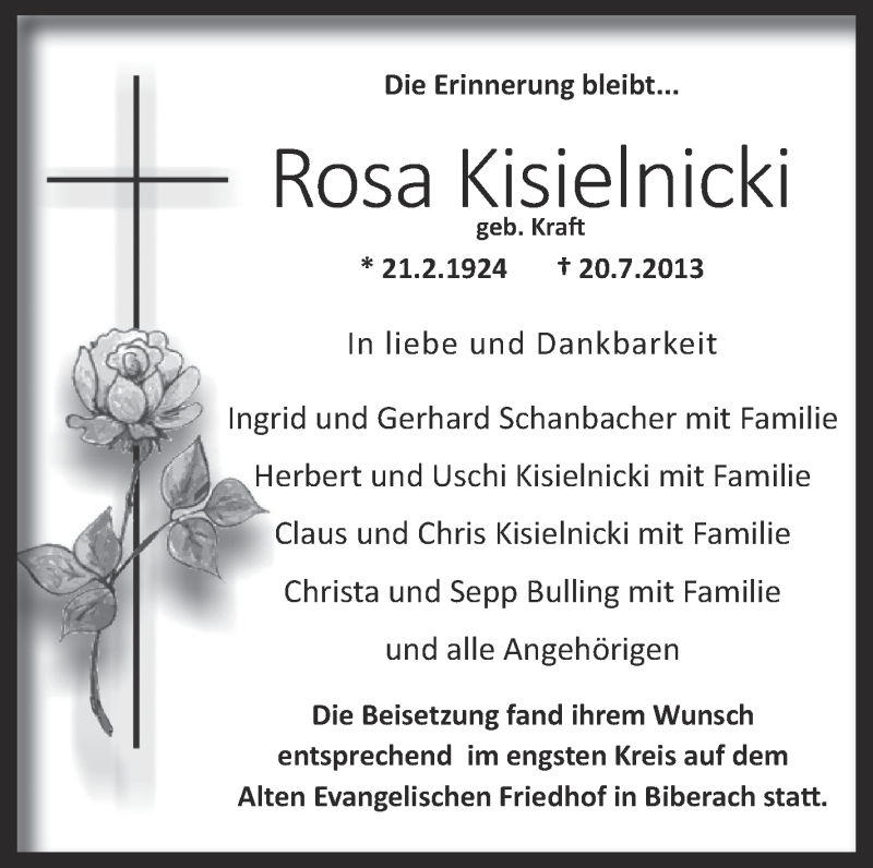  Traueranzeige für Rosa Kisielnicki vom 31.07.2013 aus Schwäbische Zeitung