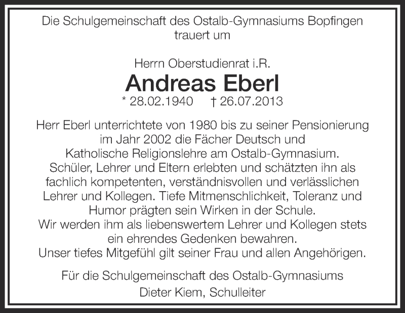  Traueranzeige für Andreas Eberl vom 31.07.2013 aus Schwäbische Zeitung
